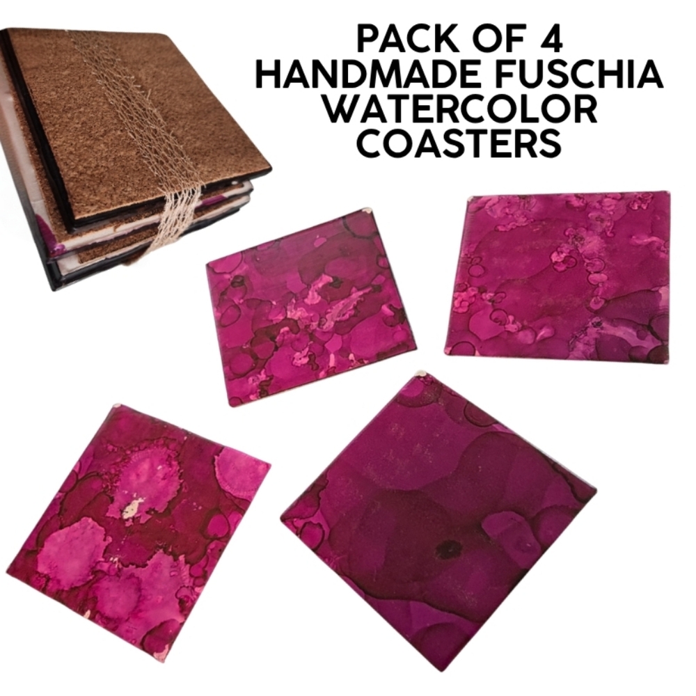 HANDMADE FUSCHIA WATERCOLOR COASTERS - PACK OF 4